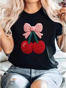 Women's T-Shirt, Short Sleeve, Round Neck, New Spring-Summer 2026 Style, Casual, With Cherry Bow Print For Valentine's Day, Fun Regular Fit Top For Women. | Breathable Fabric - 黑色 - 查看 1