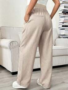 Pantalones rectos con bolsillo en diagonal, cintura ajustable, para maternidad - Caqui - Ver 2