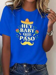 SummerCamiseta ligera para mujer con estampado de sombrero y maracas de carnaval mexicano - 100% cómoda, ideal para fiestas casuales, con el eslogan "Hey Que Paso", diseño de mariachi y texto en español, adecuada para eventos temáticos y uso diario. Ropa de estilo mexicano lavable a máquina, con un sombrero de ala ancha y estampado de maracas, es un producto cómodo y bien ajustado, 100% algodón, un éxito de adecuado para todas las estaciones. Camiseta de manga corta para mujer, estilo básico que combina con todo, para uso interior y exterior. - Azul - Ver 1