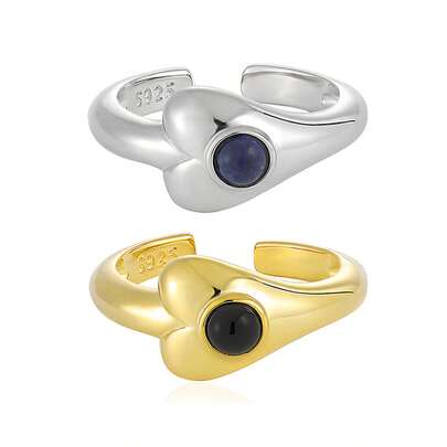 18K Gold Black Agate Heart Ring 925 Sterling Silver Blue Turquoise Cabochon Rings For Women Everyday Gemstone Jewelry
