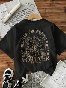 Camisetas De Calor Para MujerCamiseta De Manga Corta Con Cuello Redondo Para Mujer Con Estampado Y Letras "Forever" - ImpresióN A Doble Cara En La Parte Delantera Y Trasera, Estilo Casual - Blusa Para Atuendos Informales, Lavable A MáQuina. - Negro - Ver 4