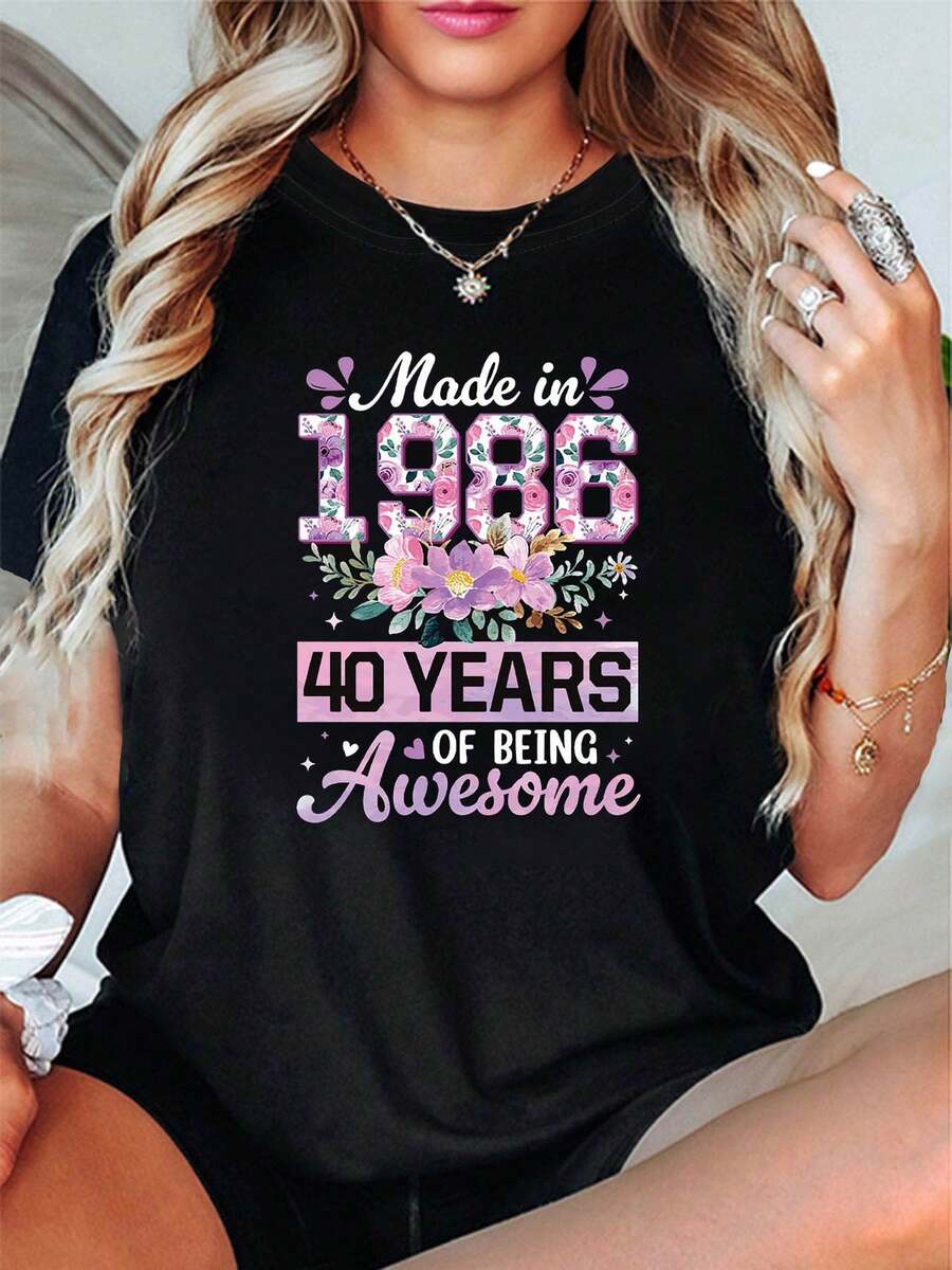 40 YEARS OF BEING AMAZING Letter Print T-Shirt | Women's Casual Short Sleeve Crew Neck T-Shirt, Perfect For Spring/Summer, Casual Outings, Holiday Gifts And Get-Togethers With Friends - Unisex Loose Fit Cotton Urban Vintage Style Crew Neck Short Sleeve T-Shirt - 黑色 - 查看 1