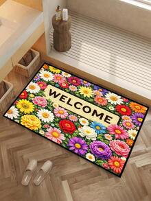 1pc Interesting Multi-Color Floral & Leaf Pattern Doormat, Farmhouse Style Machine Washable Polyester Fiber Mat, Suitable For Living Room, Kitchen, Bedroom, Entryway, Home Decor, Room Decor, All Seasons - Red - View 11