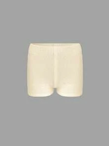Conjunto casual de 2 piezas para vacaciones de mujer, diseño elegante y versátil, tela acanalada ajustada, top minimalista y elegante con hombros descubiertos combinado con shorts rectos de cintura elástica, primavera/verano - Beis - Ver 10