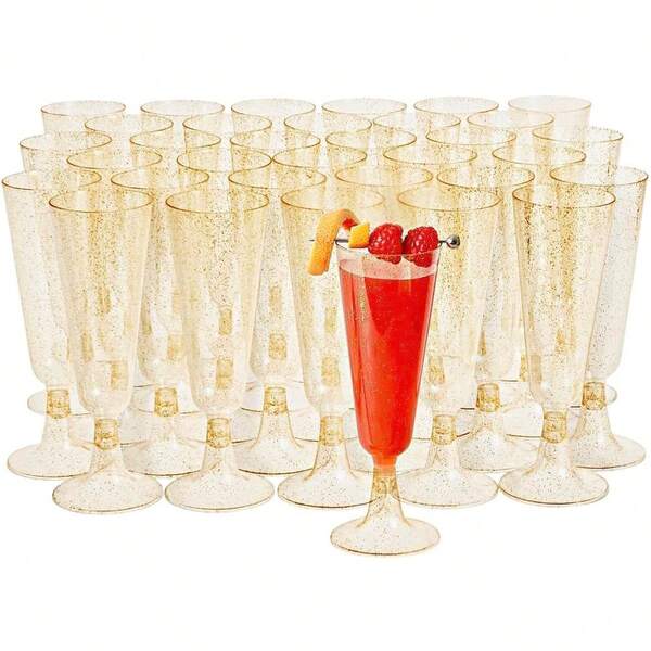 25/50pcs Elegant Reusable Plastic Champagne Flutes - 150ml/5oz Gold Glitter Glasses With Stem & Rim, ,Durable & Stylish For Weddings, Parties, Thanksgiving, Christmas, Halloween, New Year Party