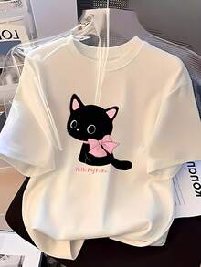 Women's Pure Cotton T-Shirt: Short-Sleeved Women's T-Shirt With A Printed Round Neck. Comfortable, Soft, And Breathable, This Stylish, Modern, And Simple T-Shirt Is Versatile For Everyday Casual Wear. Korean-Style T-Shirt. A Must-Have For Travel And Vacations. Women's Tops. - 白色 - 查看 7
