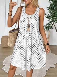 Vestido corto de verano para mujer de unicolor simple, cuello redondo, plisado y sin mangas - Blanco - Ver 6