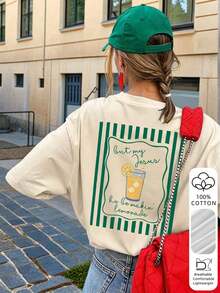 Women's 100% Cotton Loose-Fitting, Off-The-Shoulder Short-Sleeve T-Shirt With A Fresh Green Lemon Mug Graphic Print And Faith Text, Vintage American Healing Style, Versatile And Casual, Suitable For Summer Picnics, Campus Life, Daily Commutes, Lounging At Home, And Hanging Out With Friends - 杏子 3 - 查看 7