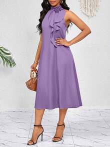 Lady Vestido de longitud media naranja con decoración de volantes florales tridimensionales en el cuello.Elegante y holgado para damas.Ideal para vacaciones de primavera y verano.Estilo bohemio. - Púrpura malva - Ver 5