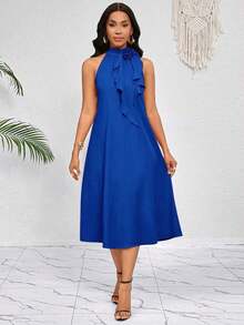 Lady Vestido de longitud media naranja con decoración de volantes florales tridimensionales en el cuello.Elegante y holgado para damas.Ideal para vacaciones de primavera y verano.Estilo bohemio. - Azul marino - Ver 3