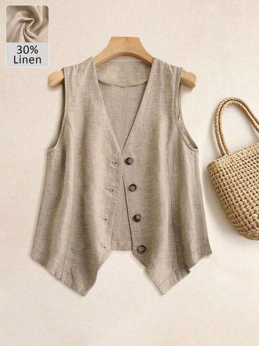 Chaleco de lino casual para mujer, estilo corto para primavera y verano - Caqui - Ver 1