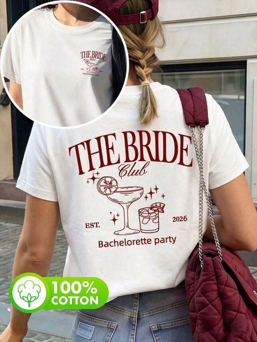Women's 100% Cotton T-Shirts With Bride Club Print, Round Neck, Short Sleeve, Summer Casual, White - 白色 - 查看 1