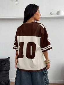 Camiseta suelta de malla transpirable con gráficos, para uso casual y salir, estilo urbano de verano para mujer - Marrón 2 - Ver 2