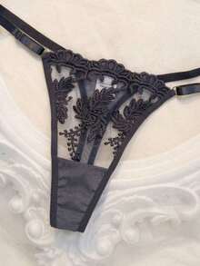 5pcs Women's Sheer Embroidered Mesh Underwire Lingerie Set - Grey - View 5