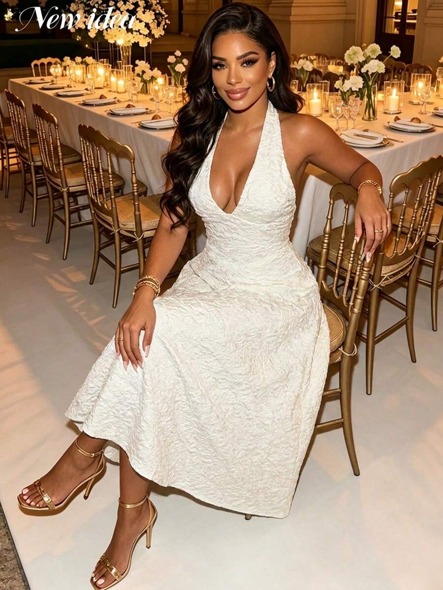 Women Elegant White Jacquard Halter Midi Dress, Deep V Neck High Waist Flared Design, Summer Hit, Suitable For Summer Party Formal Vacation - Apricot - View 1