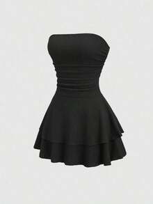 Vestido mini de punto sin tirantes de unicolor minimalista para mujer, vestido de pastel de múltiples capas - Negro - Ver 8