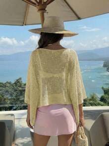 Elegante top de mujer de primavera/verano, de punto rosa, con cuello redondo, sólido, semitransparente, con capucha y detalles de lentejuelas calados, para uso casual, vacaciones y playa - Amarillo - Ver 2