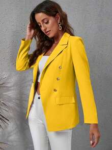 Blazer informal de unicolor de doble botonadura para mujer, chaqueta de verano para mujer, chaqueta morada, blazers para mujer - Amarillo - Ver 6