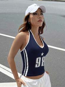 Top de punto ajustado de cuello halter con diseño de ojales para mujer - Azul marino - Ver 6