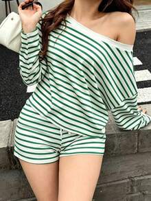 Conjunto de 2 piezas holgado a rayas para mujer, incluye top de manga larga con hombros oblicuos + shorts con cordón, conjunto de ropa de estar en casa informal - Multicolor 2 - Ver 3