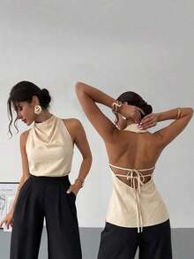 negra ajustada de estilo casual y elegante para la temporada de primavera/verano, con cuello asimétrico, sin mangas, escote halter, espalda descubierta y decoración de lazo - Caqui - Ver 9