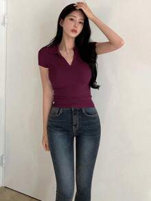 Camiseta polo de manga corta de ajuste ceñido de unicolor para mujer, casual de verano, casual de negocios, tops estilo universitario para mujer - Burdeos - Ver 2
