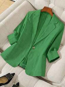 Blazer de lino de 3/4 de manga con cintura ajustable, diseño de botones, adecuado para ir al trabajo, eventos formales, fiestas elegantes, ropa de oficina - Primavera, Verano, Otoño - Verde - Ver 1