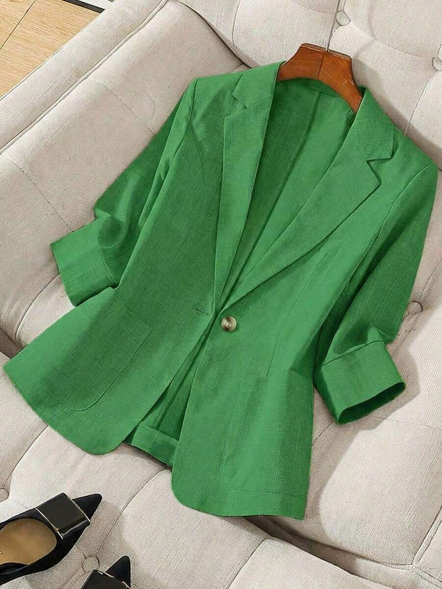 Blazer de lino de 3/4 de manga con cintura ajustable, diseño de botones, adecuado para ir al trabajo, eventos formales, fiestas elegantes, ropa de oficina - Primavera, Verano, Otoño - Verde - Ver 1
