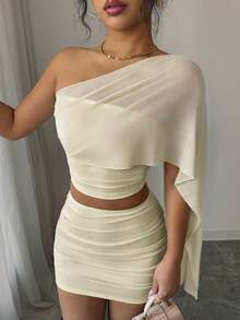 Conjunto de 2 piezas de falda mini ajustado fruncida en la cintura y top corto bandeau, de malla transparente y sexy para el verano - Albaricoque - Ver 3