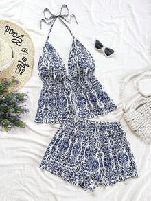 Conjunto de 2 piezas de vacaciones para mujer, top de tirantes con escote en V con textura rojo y shorts sueltos extremadamente cortos, adecuado para citas, fiestas y paseos por la ciudad - Azul y blanco 3 - Ver 7