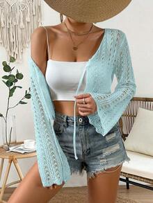 Cárdigan de punto calado de color liso casual para vacaciones - Azul - Ver 3