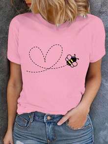 Camiseta con forma de corazón con abeja, camiseta de mujer de manga corta y cuello redondo con estampado lindo, top gráfico para amantes de los animales - Rosa - Ver 6