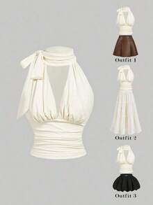 Blusa de halter de unicolor plisada, de uso versátil y casual para uso diario - Albaricoque - Ver 1