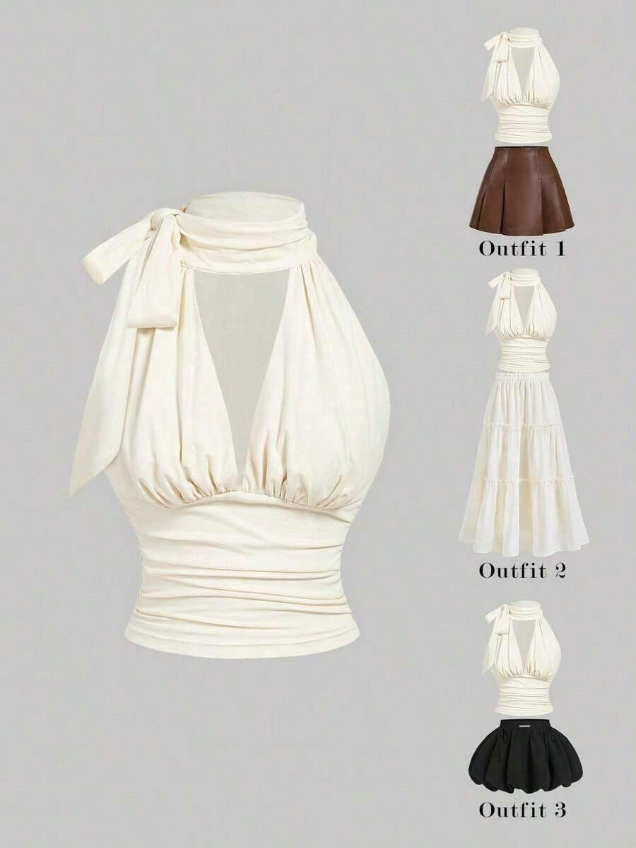 Blusa de halter de unicolor plisada, de uso versátil y casual para uso diario - Albaricoque - Ver 1