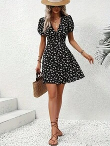 New Women's Summer Dress, Elegant Floral Print, Casual, Vacation Dress, V-Neck, Puff Sleeves - 黑色 - 查看 4