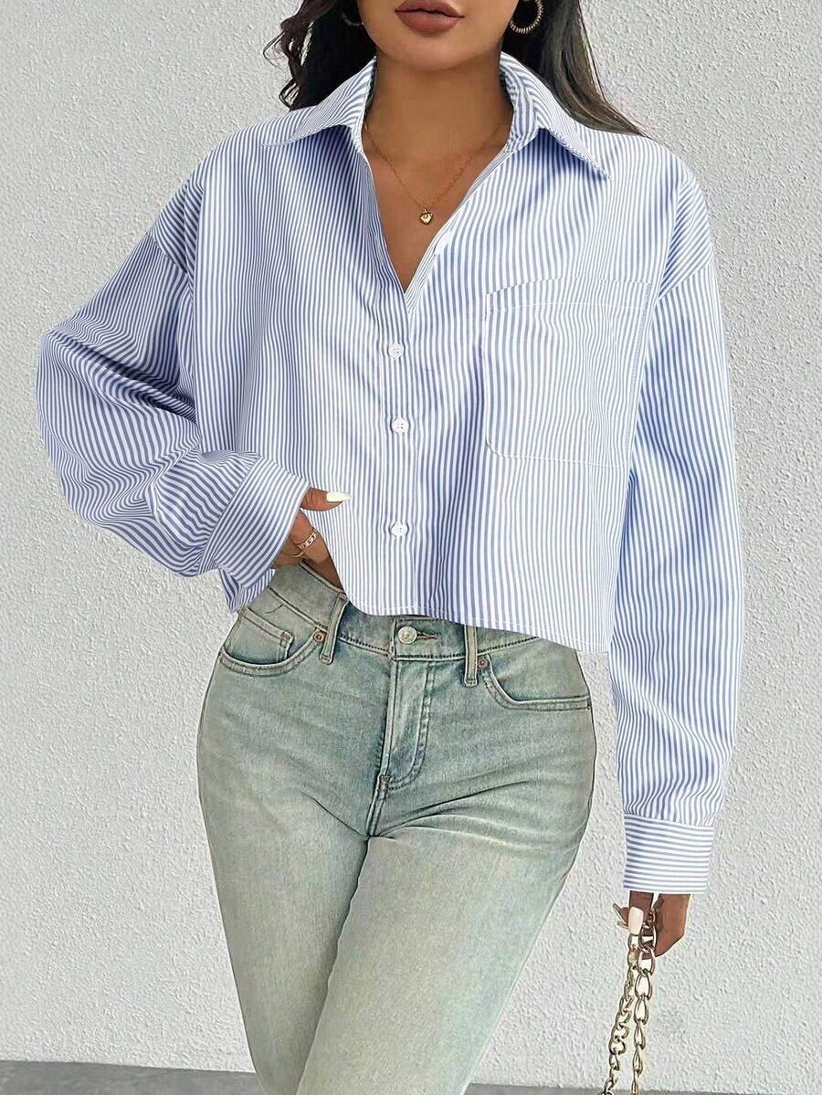 Camisa casual de manga larga con bolsillo, de ajuste suelto y hombros caídos, de unicolor, para primavera/verano, Top de manga larga - Azul y blanco - Ver 1