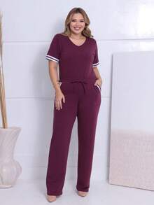 Women's Striped Set - Pants And Top In Lightweight Fleece With White Details - Comfortable Style - Burgundy - View 1