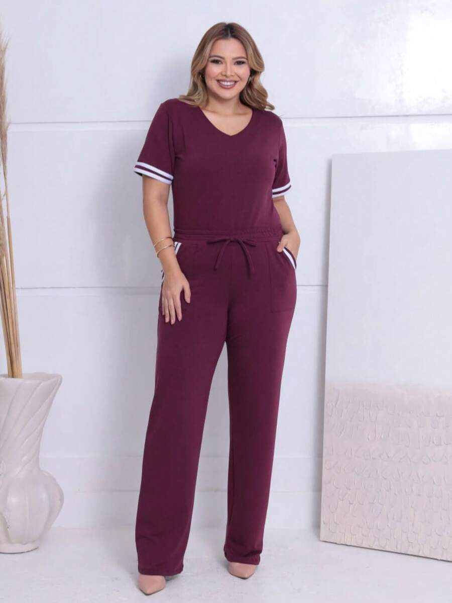 Women's Striped Set - Pants And Top In Lightweight Fleece With White Details - Comfortable Style - Burgundy - View 1