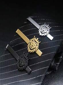 1pc Stainless Steel Lion Head Crown Men's Tie Clip - Men's Gold Hollow Stainless Steel Business Formal Tie Clip, Non-Fading And Anti-Slip Fixed Clip, Suitable For Wedding, Groomsman, Banquet, High-End Accessory For Workplace Suit Shirt, Boyfriend Gift, Birthday Gift, Father's Day Gift, Halloween, Christmas - Multicolor - View 2