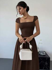 Vestido largo elegante con cuello cuadrado, mangas de campana y lazo en la cintura, con pliegues.Adecuado para citas, primavera/verano, vestidos de verano para mujeres - Marrón Chocolate - Ver 8