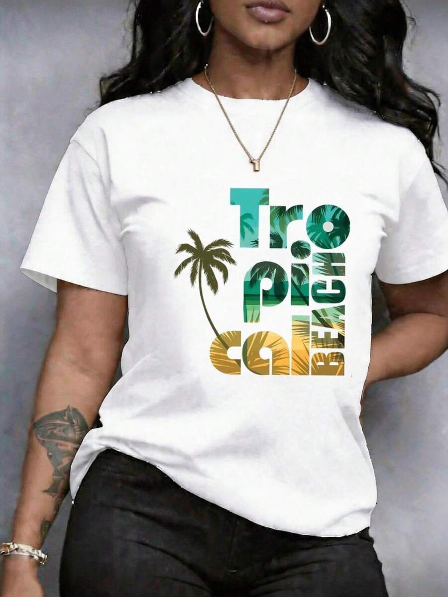 Women's T-Shirt With All-Over Letter Print, Palm Tree And Beach Texture, Round Neck, Short Sleeve, Urban, Casual Round Neck Clothing, In A Retro Urban Style, For Casual Wear, Daily Wear, Dates Or Casual Wear, Comfortable, Soft, Breathable Clothing, Breathable, Washable, Comfortable And Breathable - 白色 - 查看 1