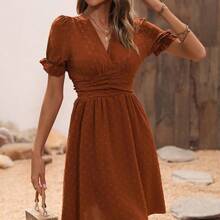 Swiss Dot Puff Sleeve Ruffle Detail Shirred Waist A-line Dress - Verde militar - Ver 5