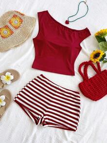 Eduarda Gutierrez  Conjunto de 2 piezas para mujer con top corto de punto a rayas y shorts ajustados de tiro súper bajo, atuendo adecuado para vacaciones, fiestas, Navidad, San Valentín, citas, playa, crucero, carnaval, Pascua, Año Nuevo Chi - Caqui - Ver 4