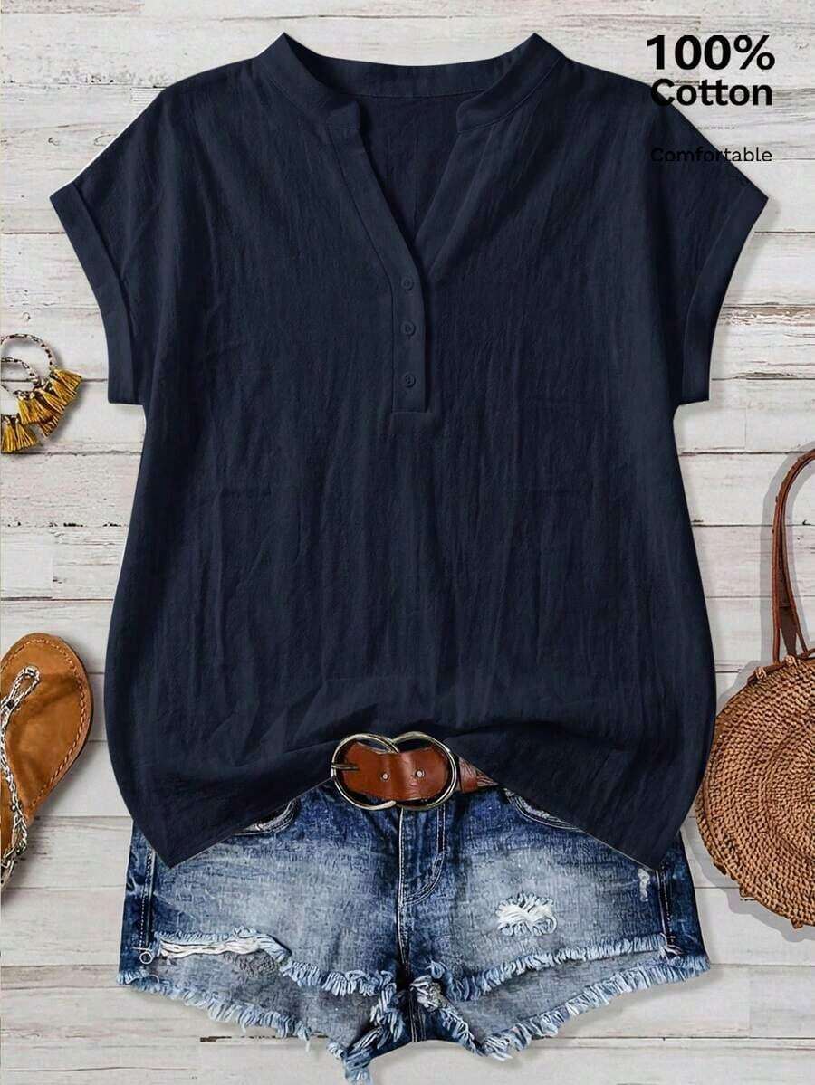 Camisa negra minimalista y casual para mujer, adecuada para el verano - Azul marino - Ver 1