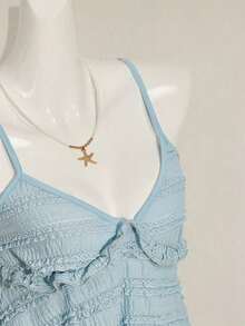 Blusa de tirantes de mujer con volantes de tela texturizada de unicolor para el verano y vacaciones - Azul - Ver 7