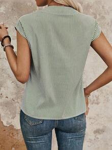 Camisa de manga corta casual y versátil con cuello de solapa y estampado de rayas - Verde Oliva - Ver 2
