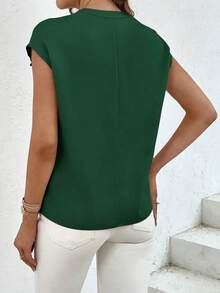 Camisa casual de mujer de unicolor con cuello en V, abotonadura sencilla y bolsillo - Verde Oscuro - Ver 2