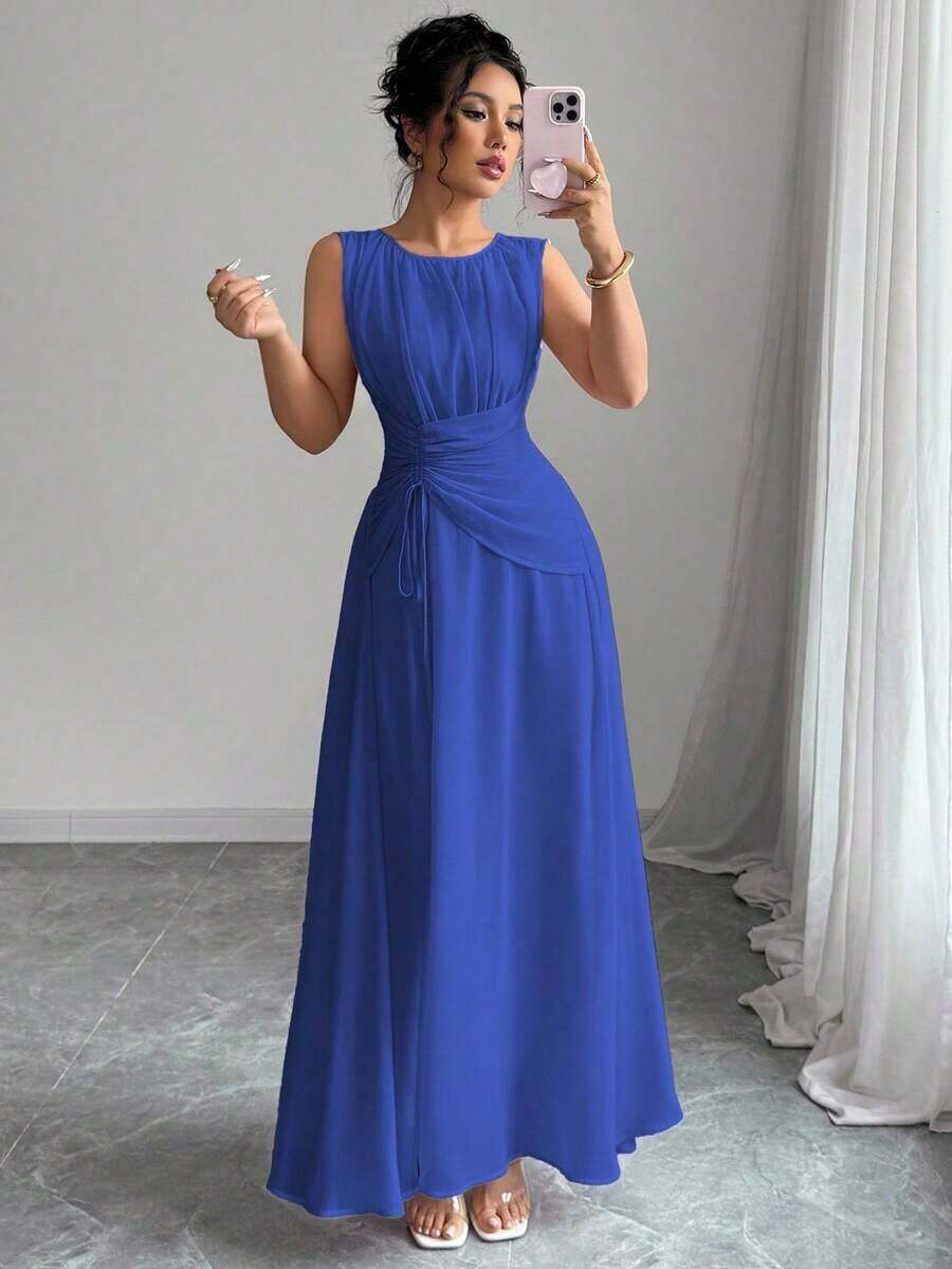 Vestido maxi casual, romántico, vintage y elegante de gasa para mujer con cordón en la cintura, para la playa, el té de la tarde, fiestas de noche, uso diario, sin mangas, de unicolor, vestido largo, primavera/verano - azul real - Ver 1