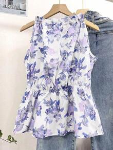 Blusa casual versátil de uso diario con estampado floral y pliegues para mujer - Azul y blanco - Ver 6