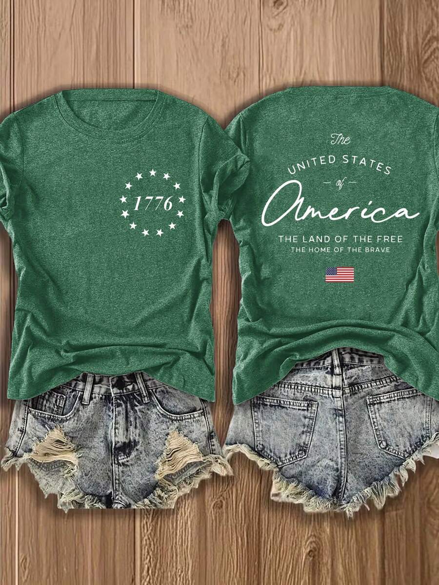 Women's Short-Sleeved Crew Neck T-Shirt, European And American Style, Lightweight And Breathable, With An American-Inspired Design Featuring 1776 Motifs And The National Flag, Suitable For Casual Autumn Wear, A Fashionable And Comfortable Printed Blouse, Versatile And Urban Style - Breathable And Skin-Friendly. - 深綠色 - 查看 1